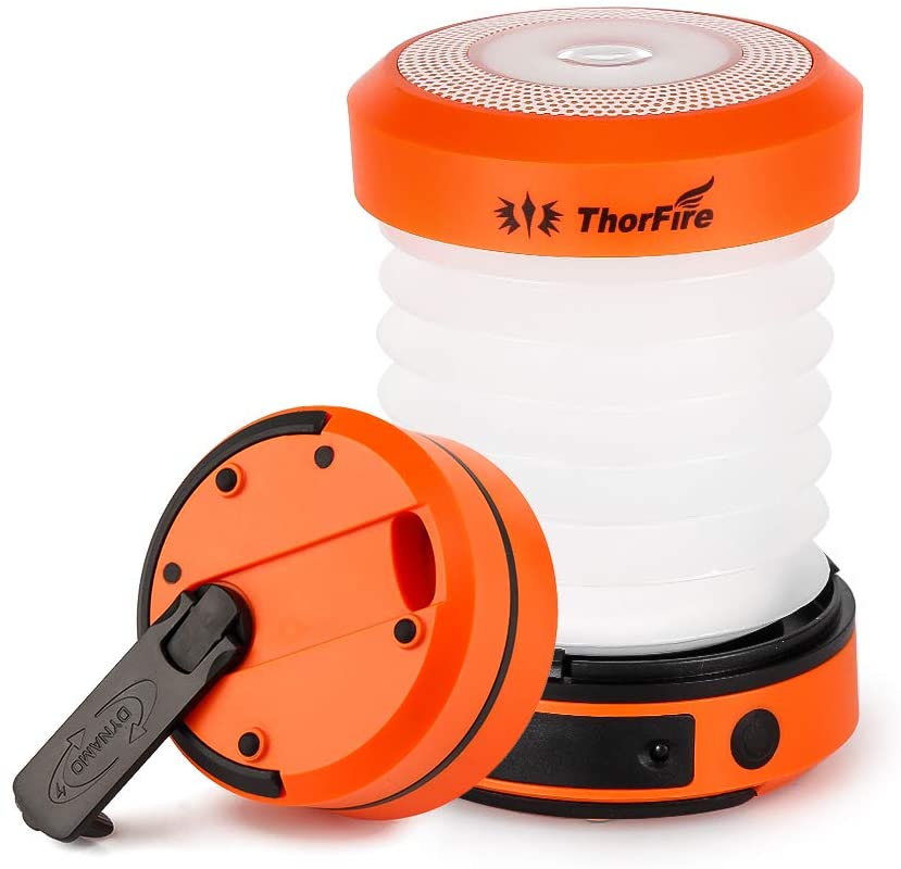 ThorFire | Linterna de camping recargable | Carga con manivela y USB | Multifuncional, plegable y ligera | Adecuada para acampar, pescar, emergencias...