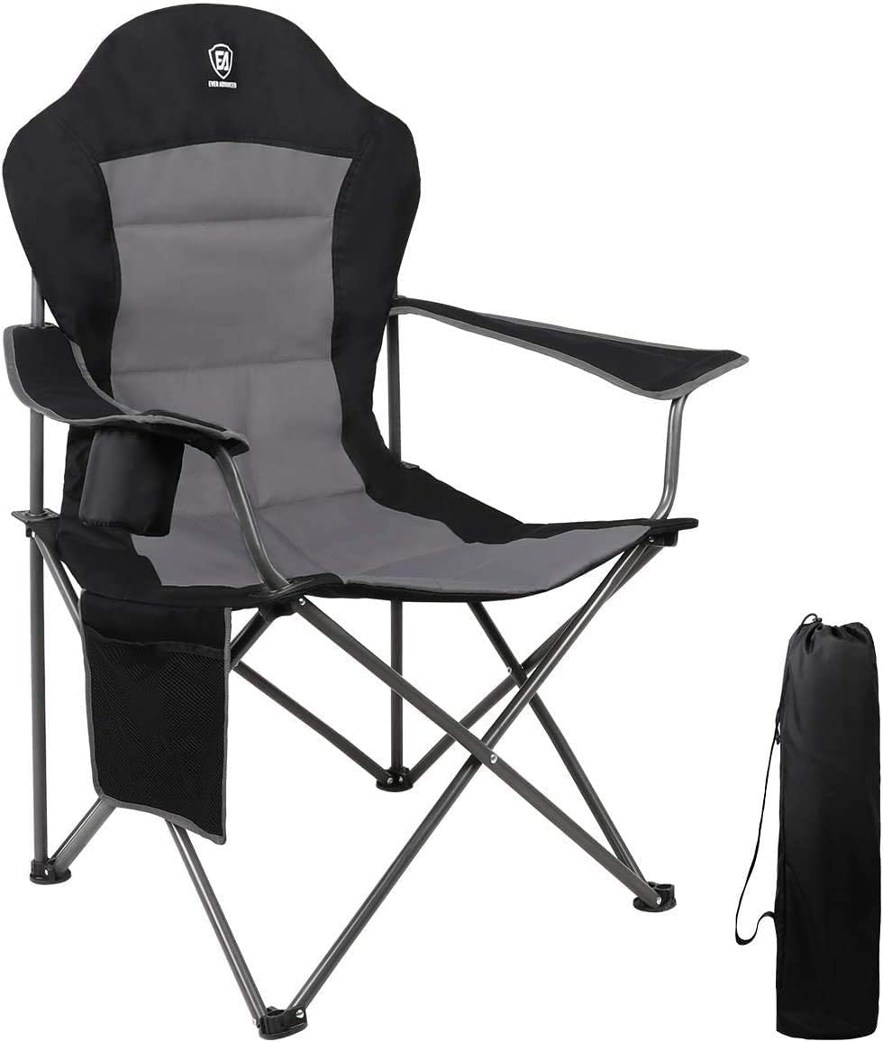 EVER ADVANCED | Silla de camping plegable acolchada | Respaldo alto con portavasos | Incluye bolsa lateral | Soporta 136 kg | Color: Negro